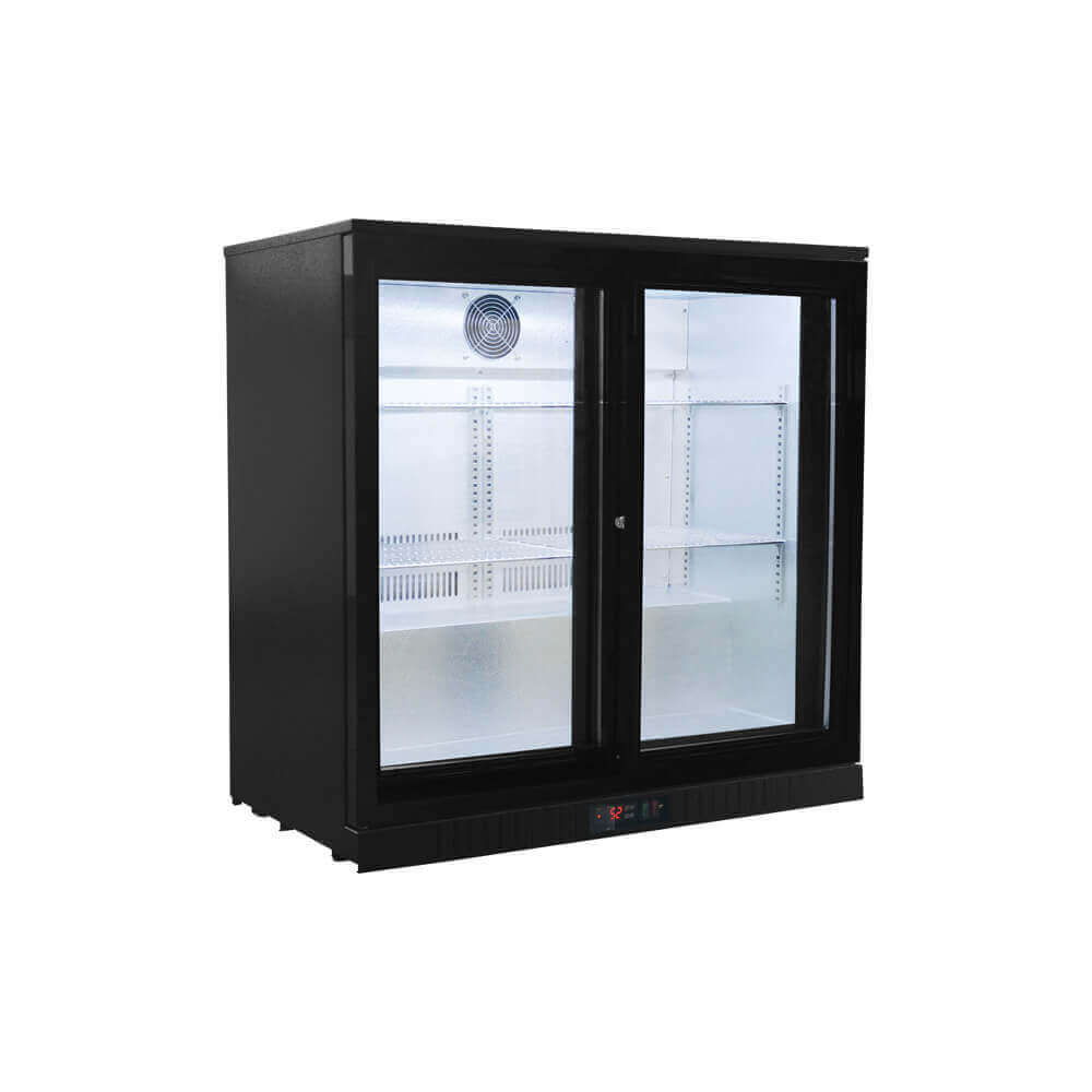 Black two-door commercial refrigerator with glass doors on a white background