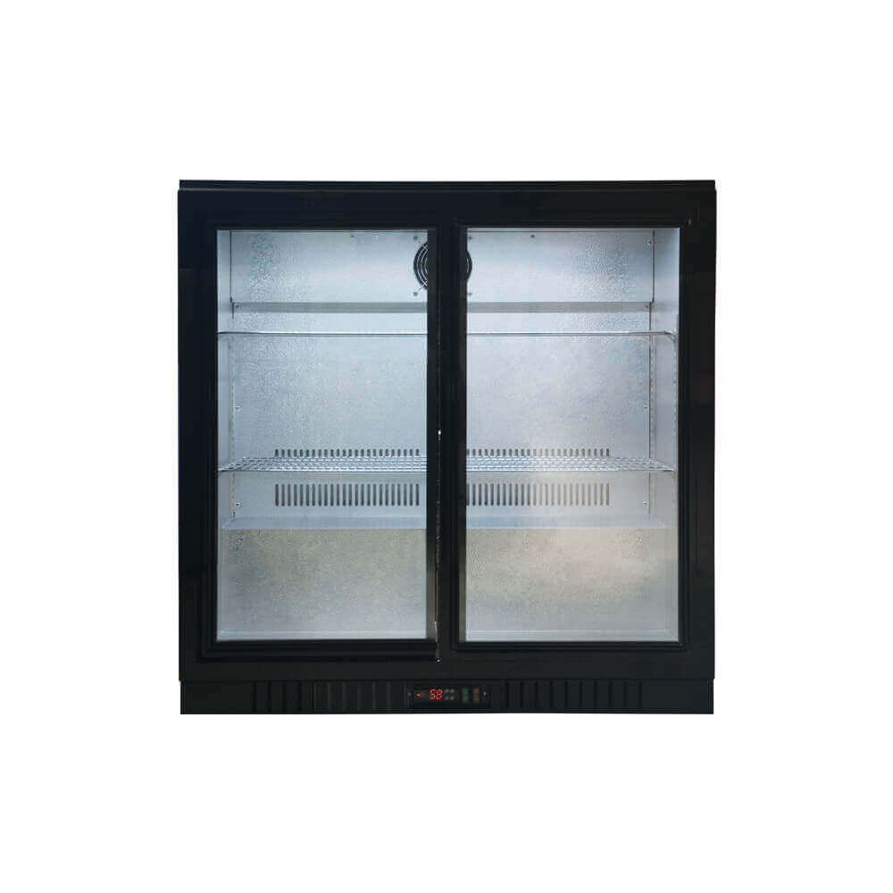Black glass-fronted refrigerator on a white background
