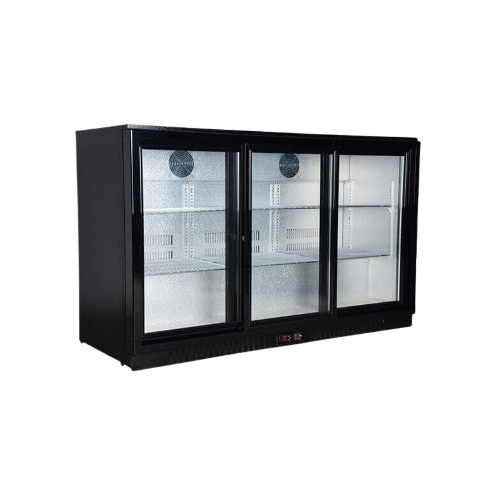 Black three-door commercial refrigerator with glass panels on a white background