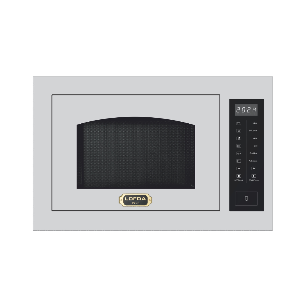 A Lofra 3000 stainless steel microwave oven with a black glass door window and a black control panel on the right side, shown against a plain white background.
