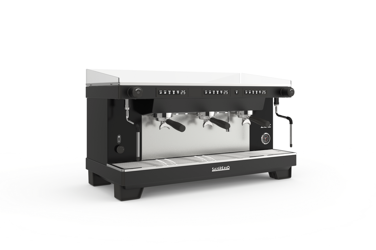 Black and silver coffee machine on a white background
