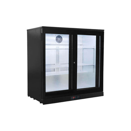 Black two-door commercial refrigerator with glass doors on a white background