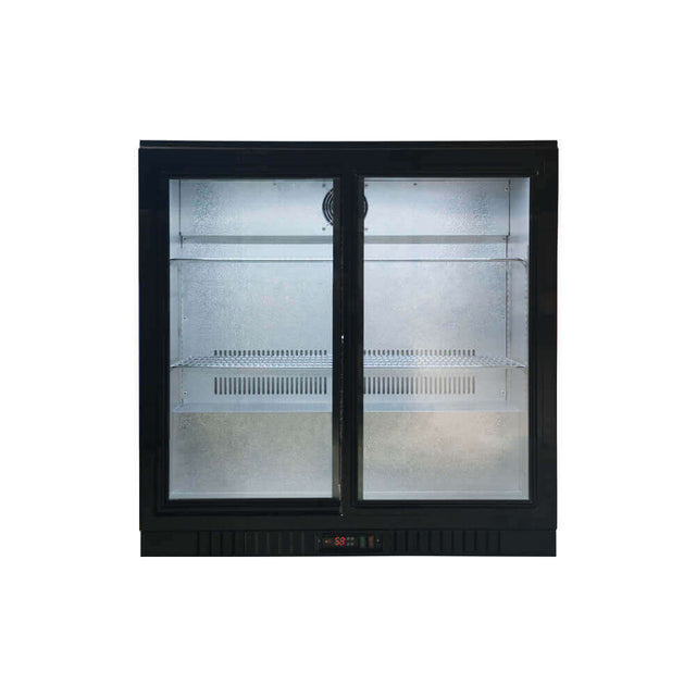 Black glass-fronted refrigerator on a white background