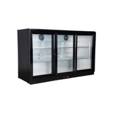 Black three-door commercial refrigerator with glass panels on a white background
