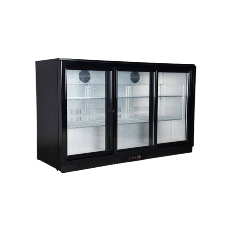 Black three-door commercial refrigerator with glass panels on a white background