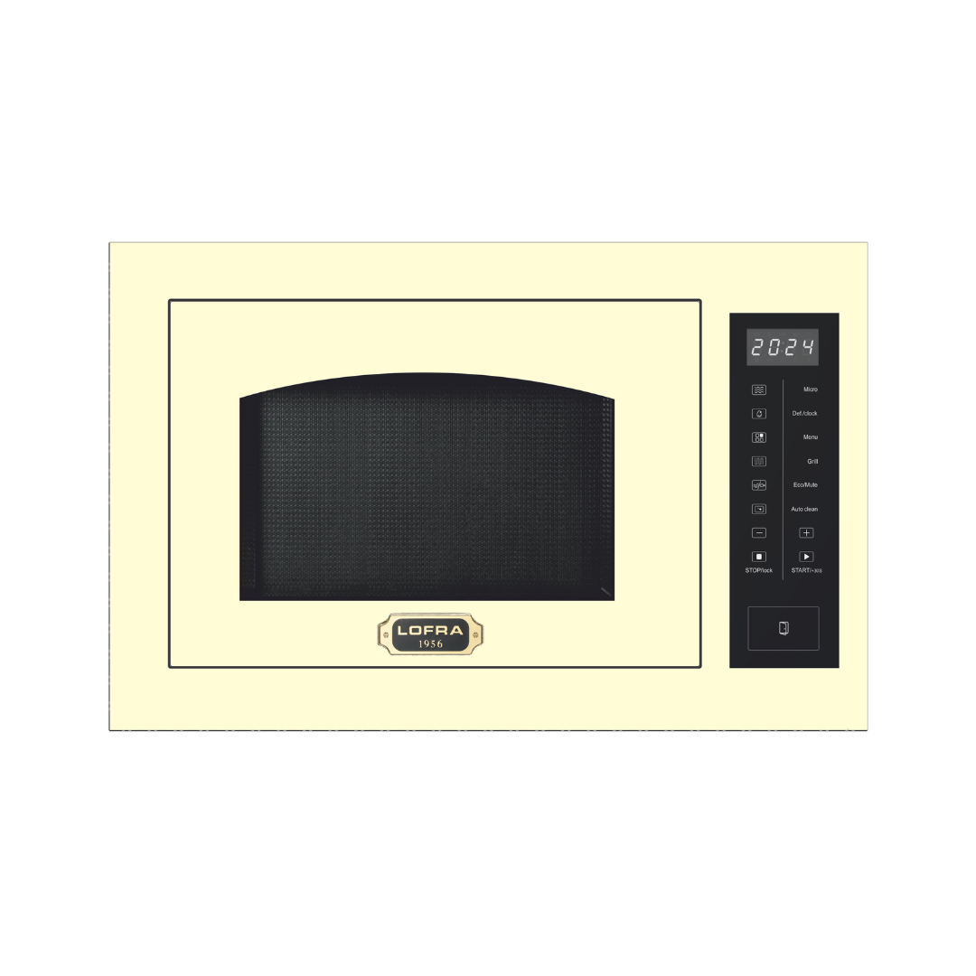 A Lofra microwave oven with a cream-colored exterior and a black door window and control panel, shown against a plain white background.