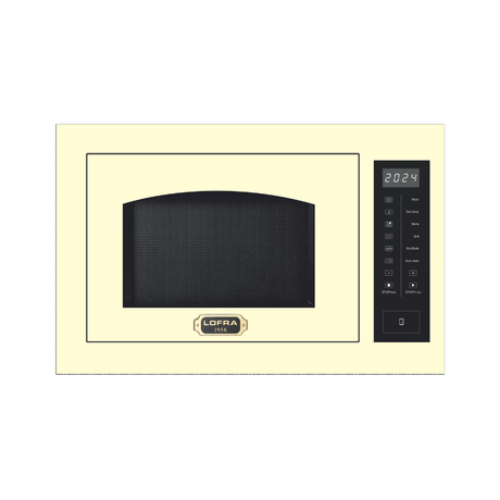 A Lofra microwave oven with a cream-colored exterior and a black door window and control panel, shown against a plain white background.