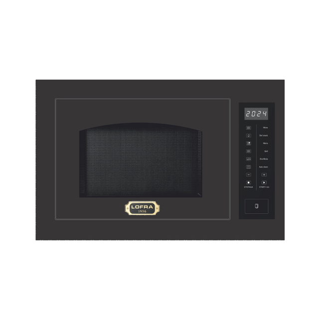 A Lofra 1500W black built-in microwave oven with a digital control panel on the right side and a gold Lofra logo badge on the front door.
