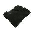 Pair of black gloves with a brand label on a white background
