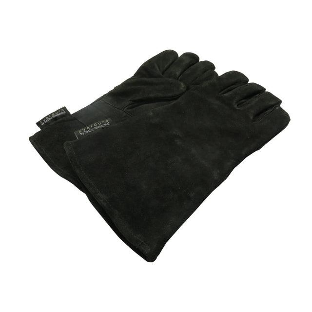 Pair of black gloves with a brand label on a white background