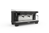 Black and silver coffee machine on a white background