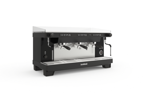 Black and silver coffee machine on a white background