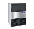Stainless steel and black undercounter commercial ice maker with a brand logo on a white background