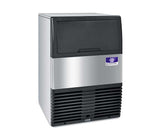 Stainless steel and black undercounter commercial ice maker with a brand logo on a white background