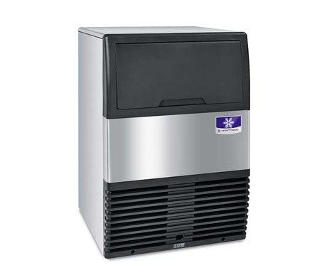 Stainless steel and black undercounter commercial ice maker with a brand logo on a white background