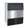 Stainless steel and black undercounter commercial ice maker with a brand logo on a white background