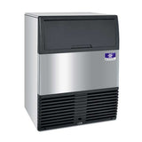 Stainless steel and black undercounter commercial ice maker with a brand logo on a white background
