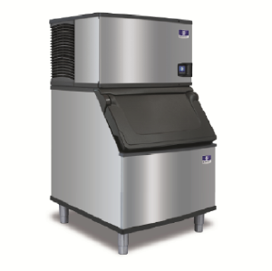 Stainless steel ice machine with ice storage bin on a white background