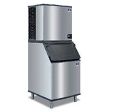 Stainless steel ice machine with ice storage bin on a white background