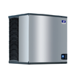 Commercial ice maker with stainless steel and black design on a white background